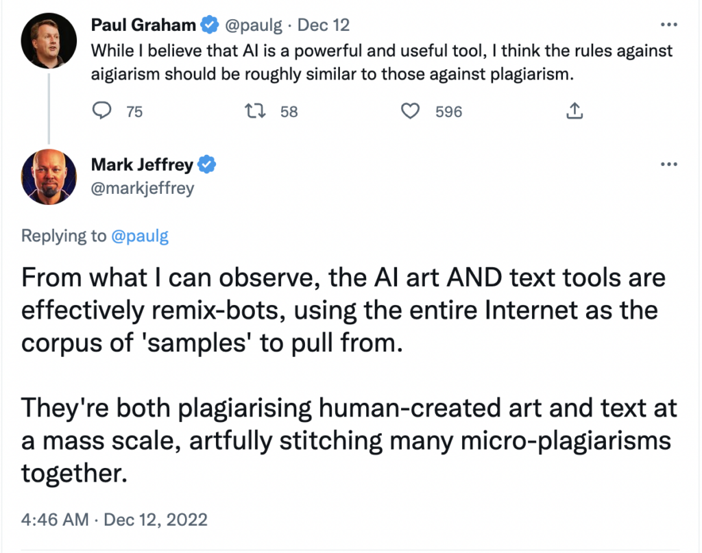 screenshots of Twitter conversations about AI and plagiarism